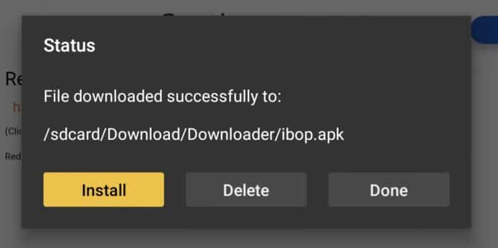 Fire TV Stick confirming the IBO Player APK downloaded successfully